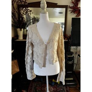 Nectar Clothing Crochet Cardigan Womens M Cream Cotton Boho Bell Sleeve